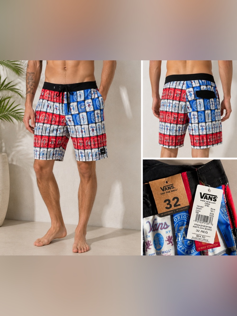 NWT Vans Ameri Can Boardshorts Size 32 4-Way Stretch Surf Swim Shorts